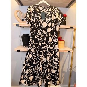 Meadow Rhodes Black Cream Floral Cotton Midi Dress Wrap V-Neck Smocked Waist PL